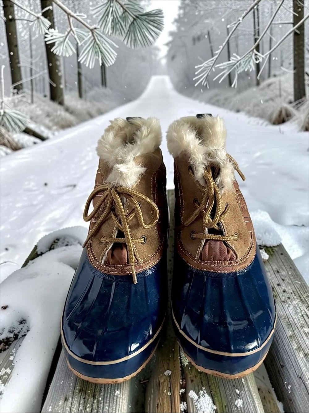 Khombu Women’s Size 8 Navy & Tan Winter Boots Faux Fur Trim